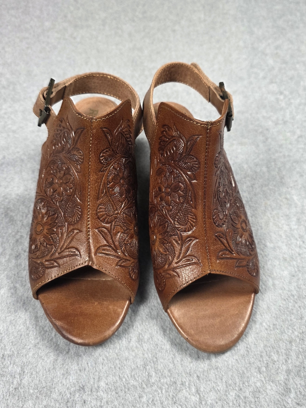 Roper Brown Leather Floral-Embossed Open-Toe Clog Mules